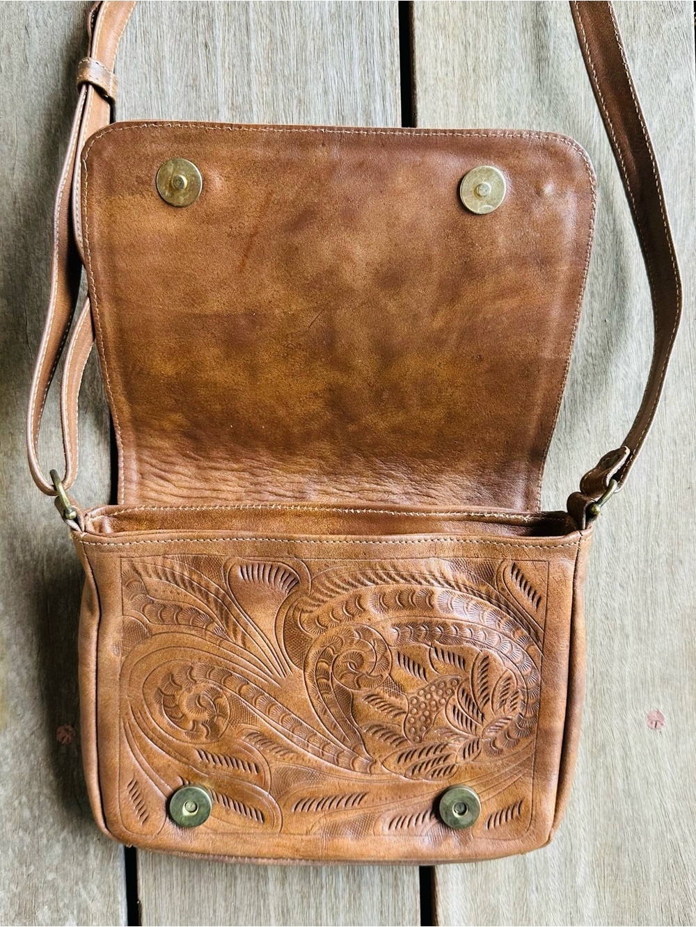 Floral Tooled Leather Crossbody Bag in Cognac Brown